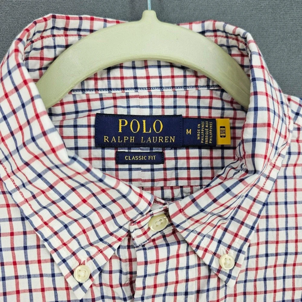 Polo Ralph Lauren Shirt Mens Medium White Red Blue Check Button Down Long Sleeve